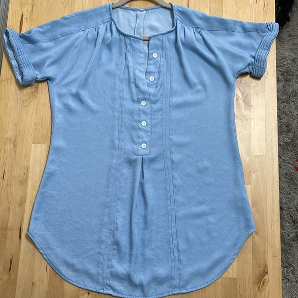 ROTITA ROLL SLEEVE Sz L BLUE WOMENS BUTTON FRONT SPLIT NECK BLOUSE PLEATED BACK - Picture 10 of 10